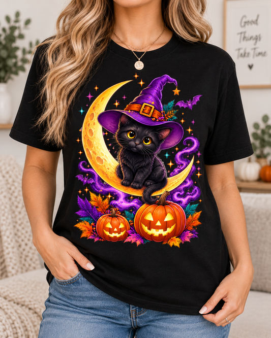 Black Cat Witch Moon Halloween T-Shirt